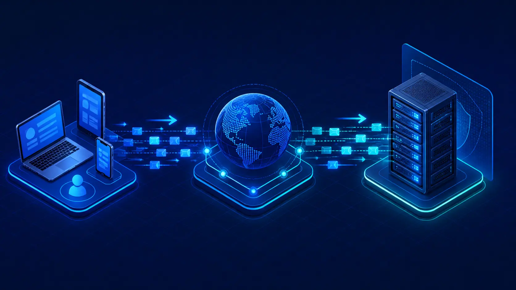 แผนภาพการทำงานของ Web Hosting ระหว่างผู้ใช้ โดเมน และเซิร์ฟเวอร์